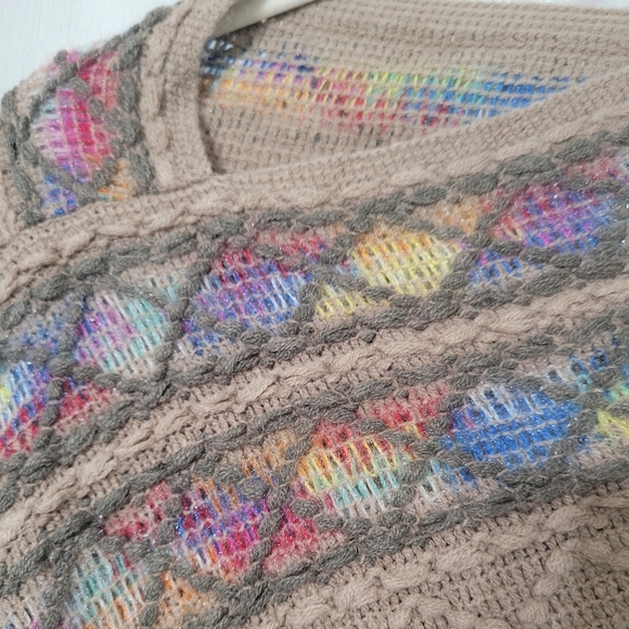 Beige Knit Poncho with Multicolor Accents OS - Picture 5 of 8